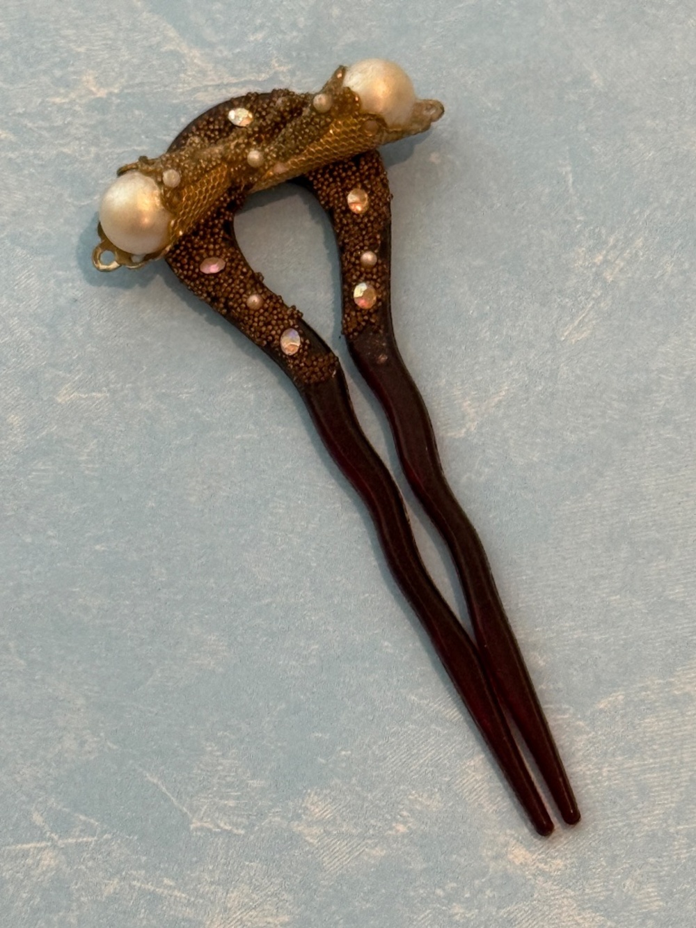 Vintage ART DECO Rhinestone and Pearls Celluloid Hair Ornament French Hair Pick